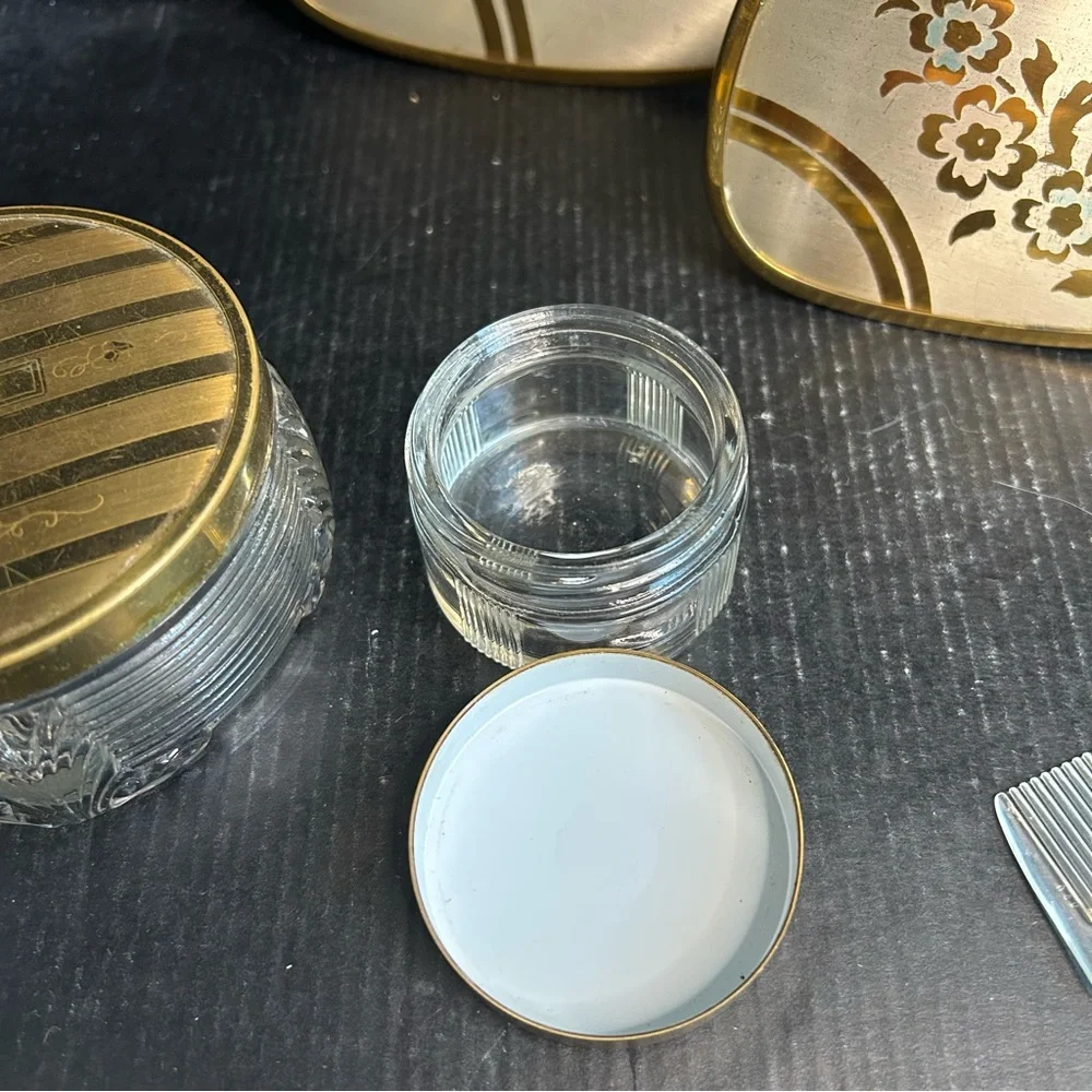 Vintage Vanity 5pc Dressing Table Set Mirror Brush Comb 2 Jars: Gold, Floral